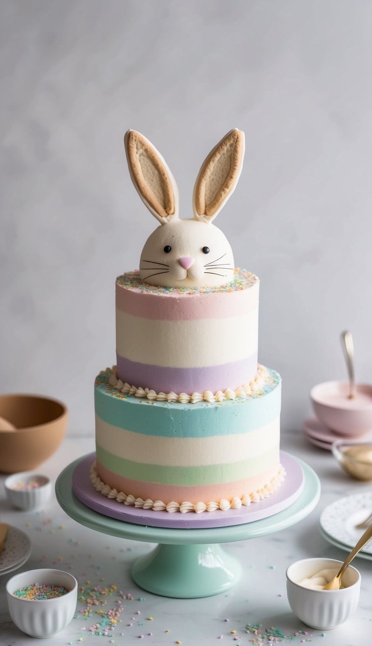 A bunny cake with fluffy tail and biscuit ears on a pastel-colored cake stand surrounded by decorative frosting and sprinkles