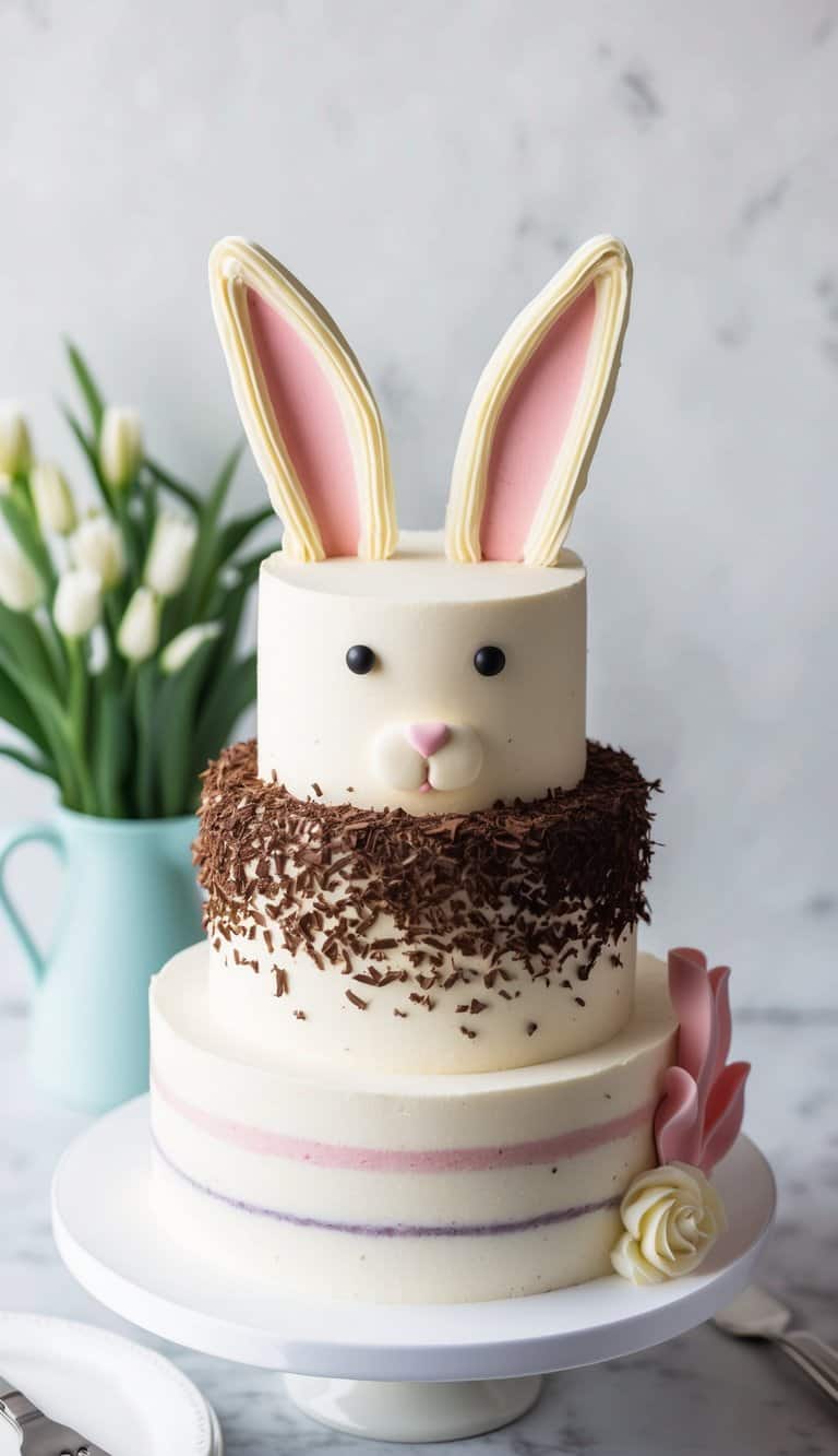 A bunny-shaped cake with chocolate shavings for fur, pink frosting for ears, and a fluffy white tail