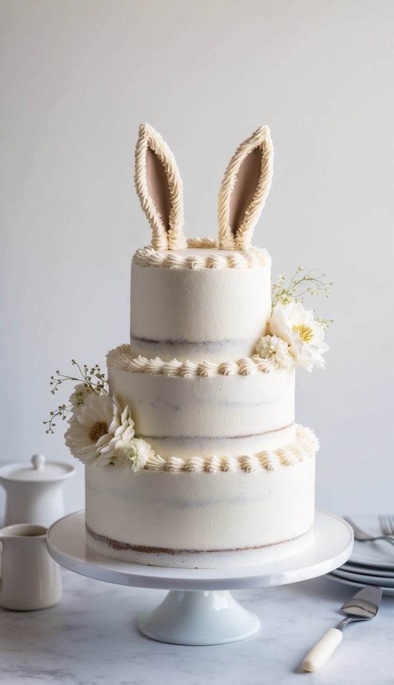 A rabbit-shaped cake with fluffy tail and ears, adorned with piped buttercream details
