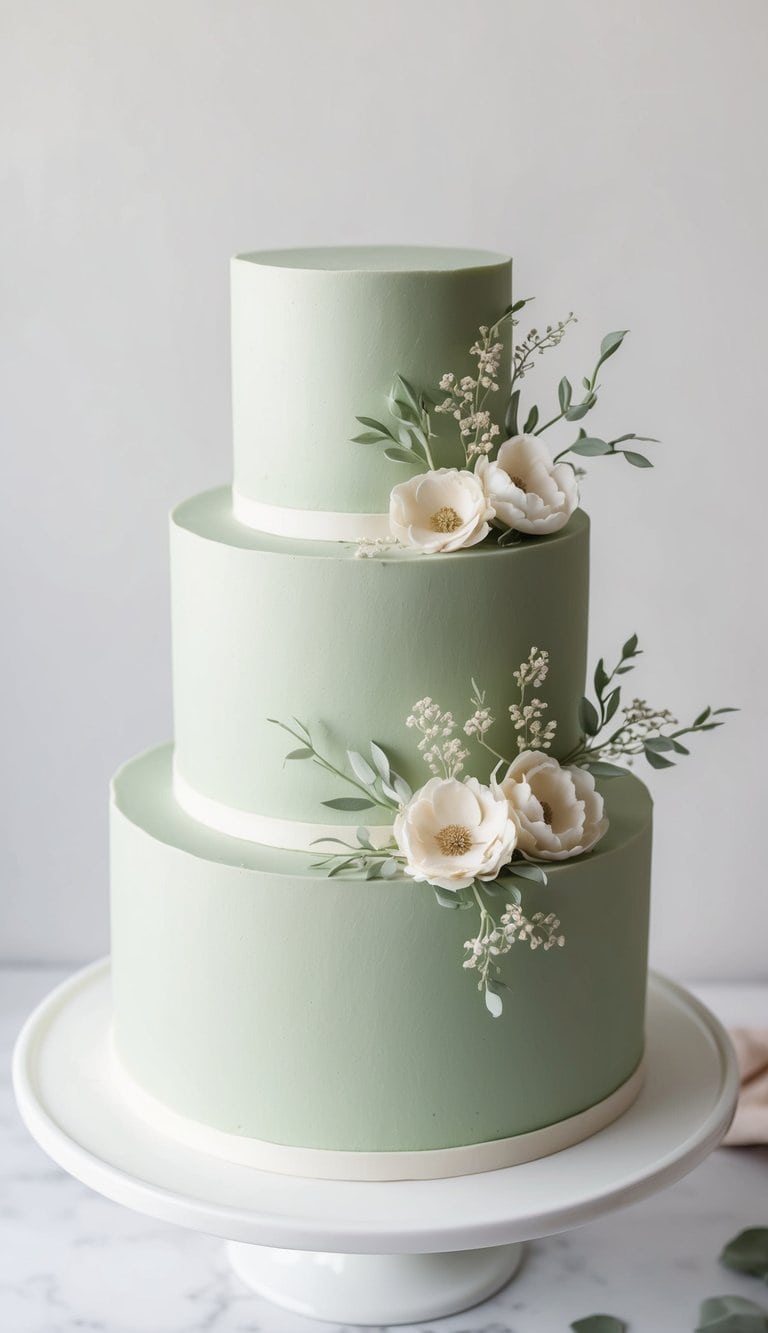 A sage green cake adorned with delicate floral decorations, exuding an air of subtle elegance and sophistication