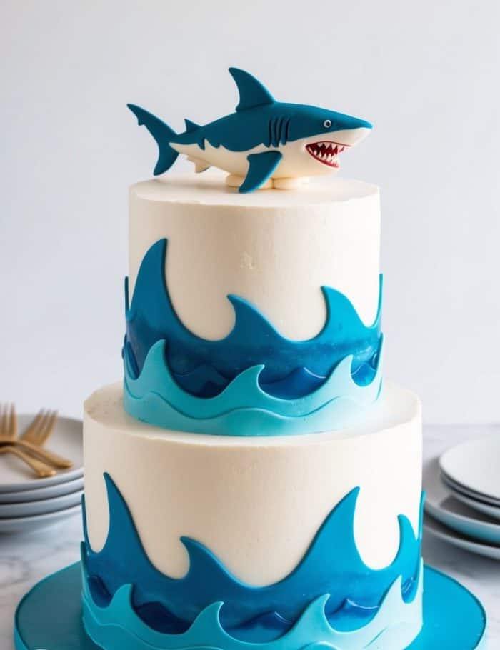 Two-tier white cake decorated with blue fondant waves and topped with a smiling fondant shark. The cake sits on a blue board, with plates and forks in the background.