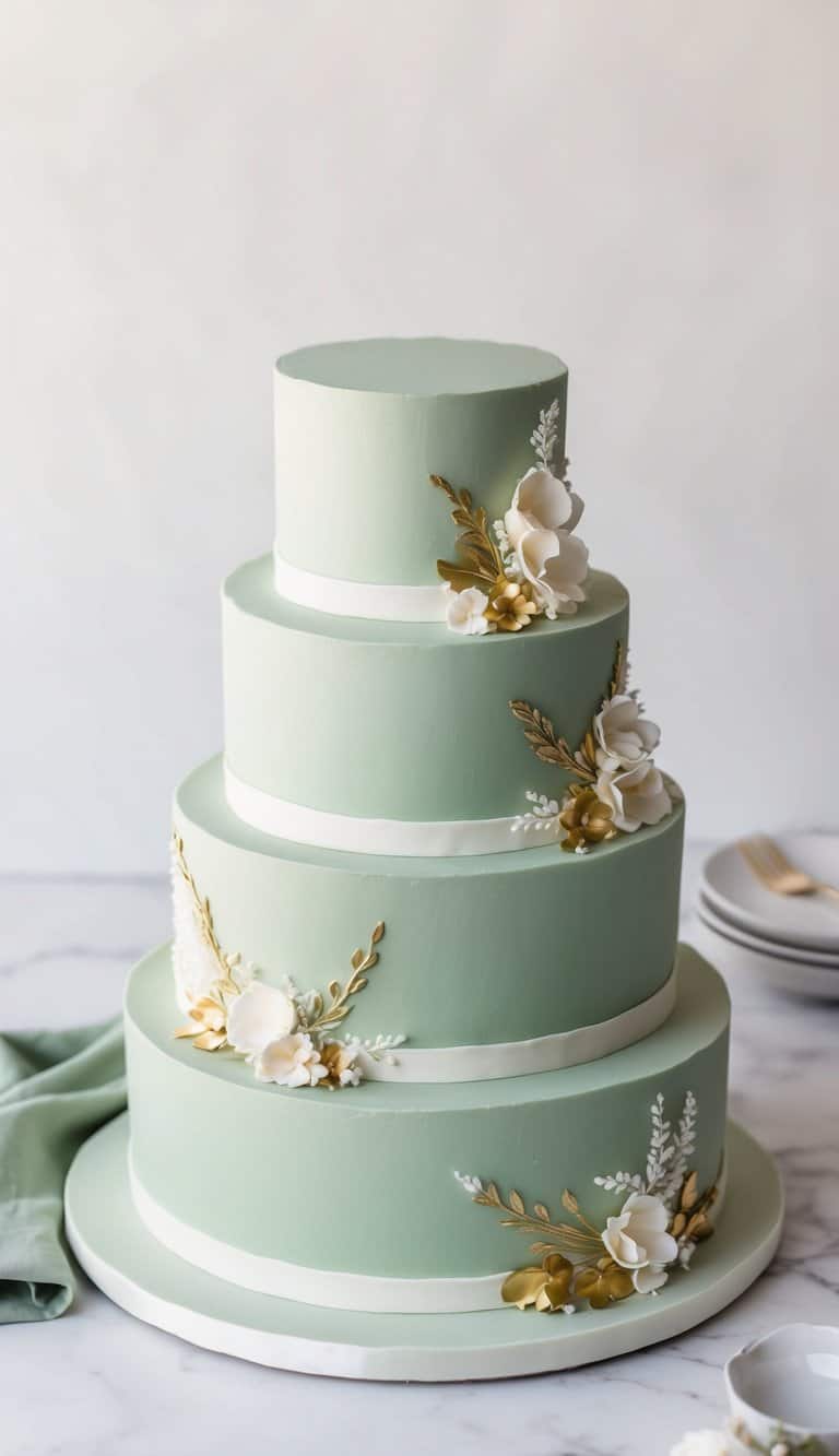 A sage green cake adorned with delicate white and gold accents for a chic and elegant look