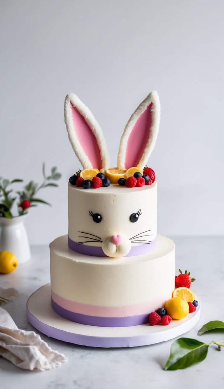 A bunny-shaped cake with fluffy tail and ears, adorned with vibrant berry decorations for a pop of color