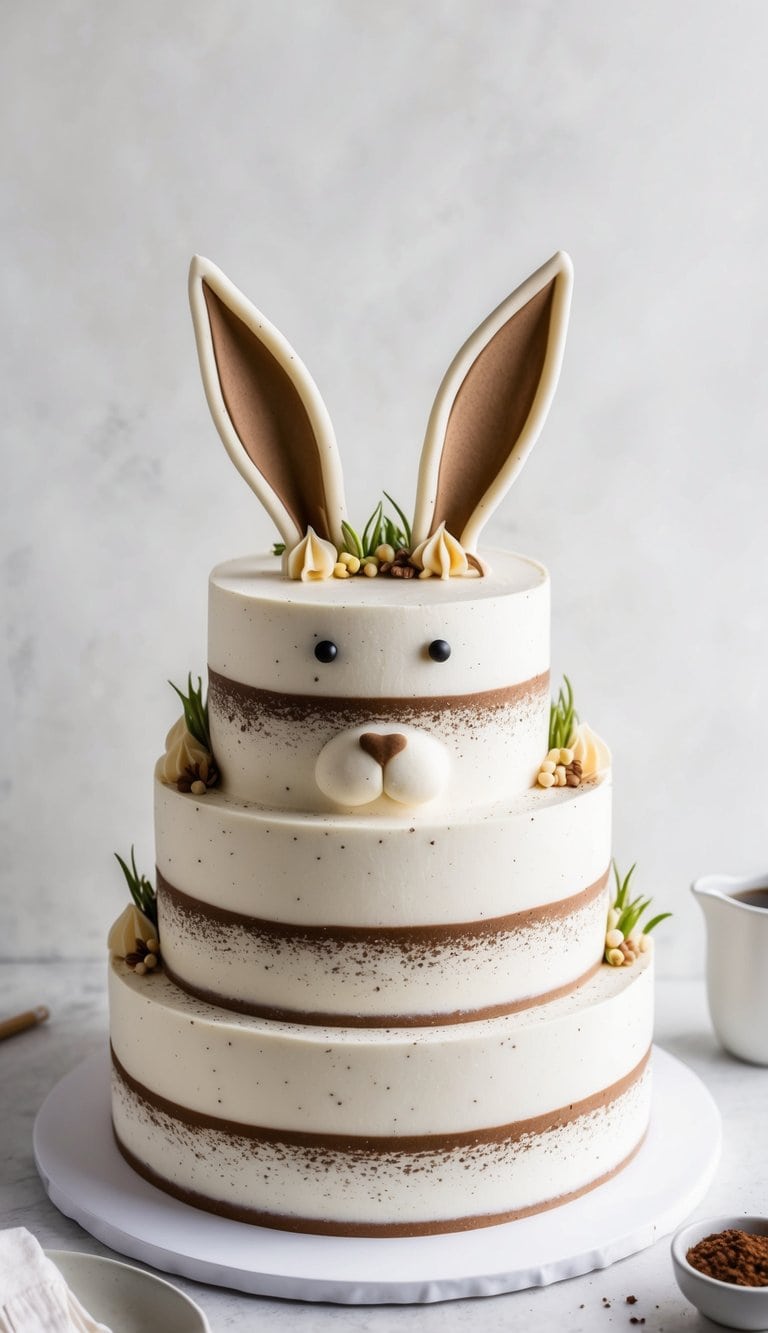 A rabbit-shaped cake with speckled icing and coffee ground decorations
