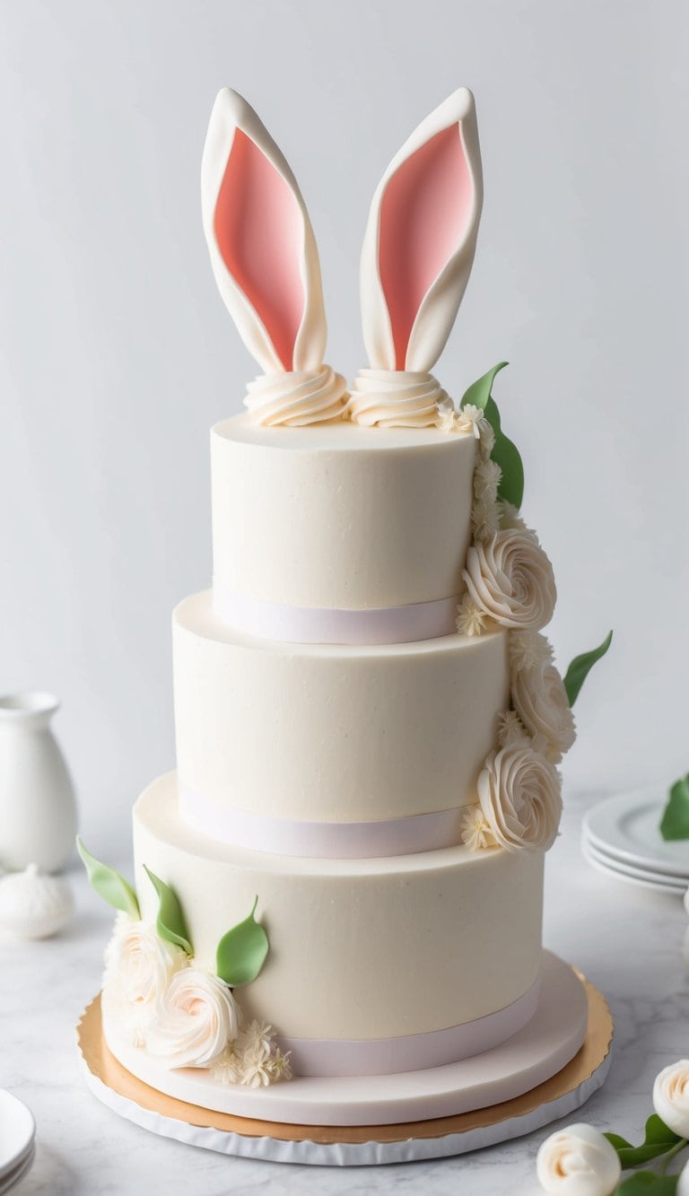 A cake decorated with sculpted fondant bunny ears and fluffy tail