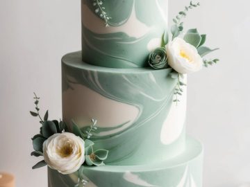 A three-tier marble-effect cake in green and white, adorned with succulents and white peony-like flowers. The cake sits on a white stand, with a light background and some plates in the distance.
