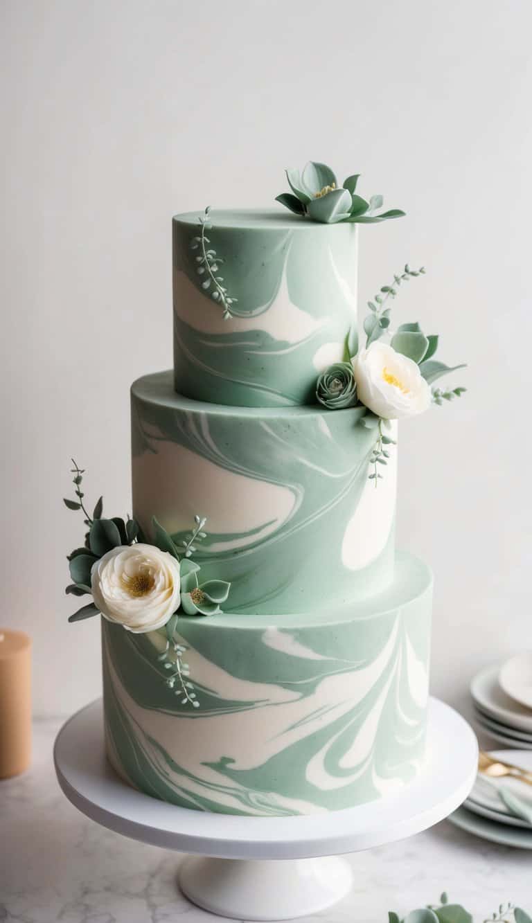 A tiered cake covered in marbled sage green fondant, adorned with delicate sage green floral decorations