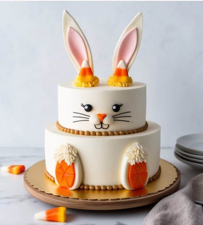 Two-tier cake decorated with fondant bunny ears, candy corn, and carrot-themed elements. The bottom tier has a bunny face, paws shaped like carrots, and a smooth, white frosting. Set on a neutral background with some candy corn scattered around.
