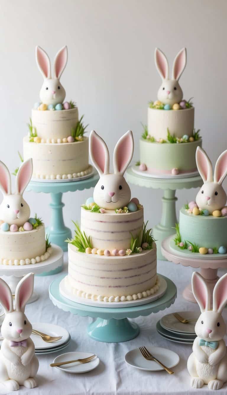 A table adorned with various Easter bunny figurines, surrounded by whimsical rabbit-themed cakes with fluffy tails and ears