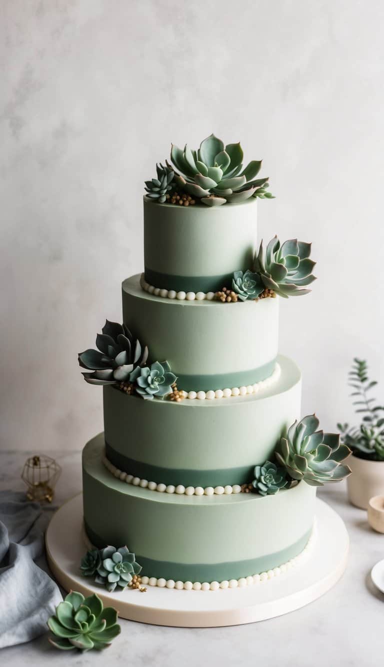 A sage green cake adorned with succulents, exuding a trendy and elegant vibe