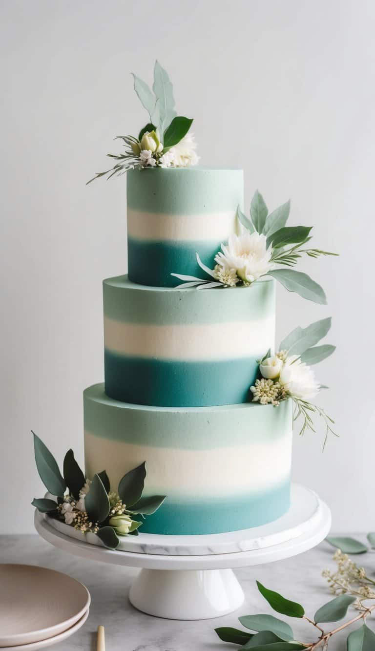 A three-tiered sage green cake with ombre effect, adorned with natural elements like leaves and flowers