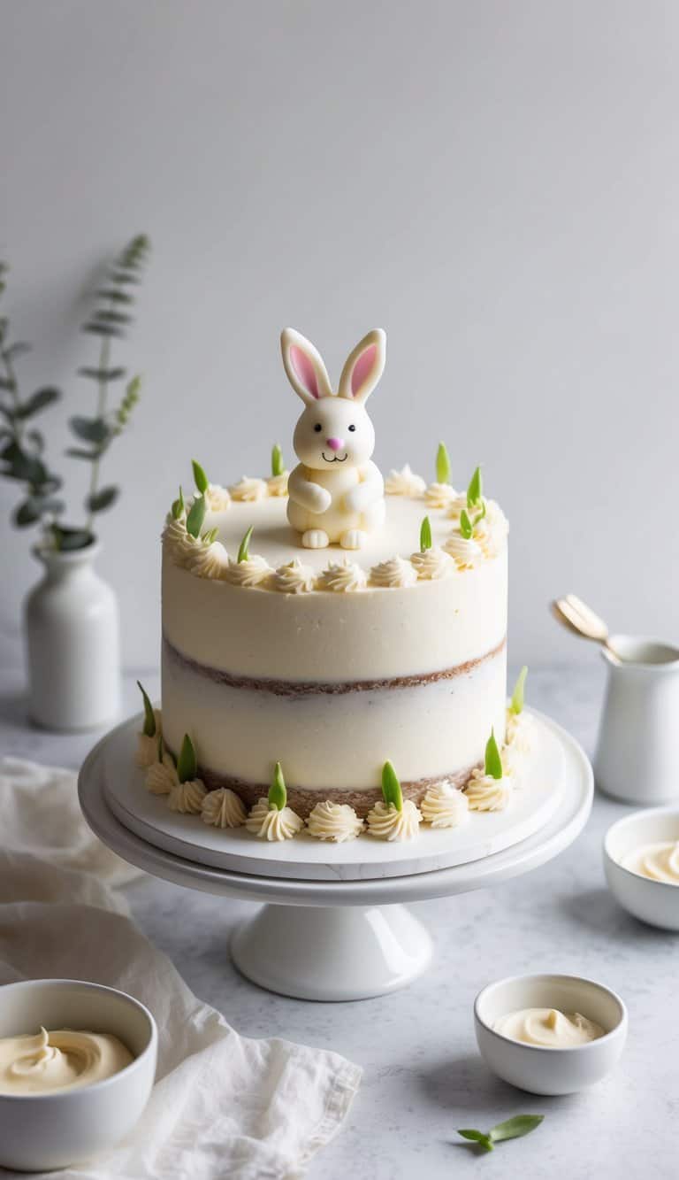 A round cake adorned with a small white chocolate bunny, surrounded by fluffy tail and ear decorations