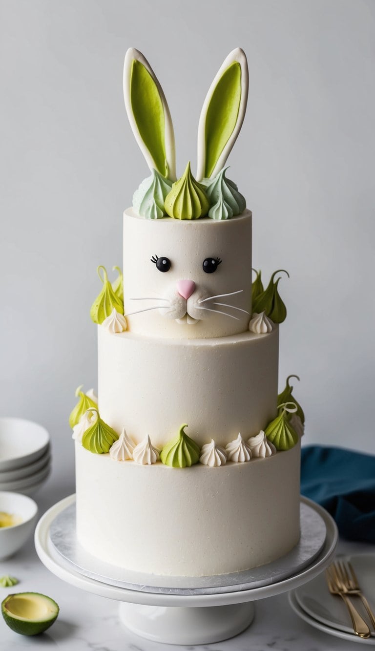 A bunny-shaped cake topped with avocado meringue, fluffy tail, and ears