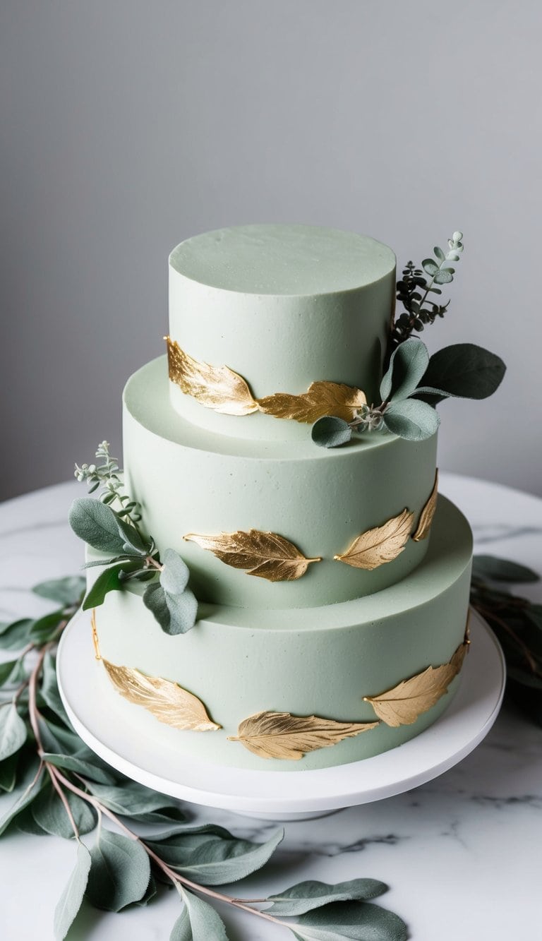 A three-tiered sage green cake adorned with delicate gold leaf accents, surrounded by fresh sage leaves and eucalyptus sprigs