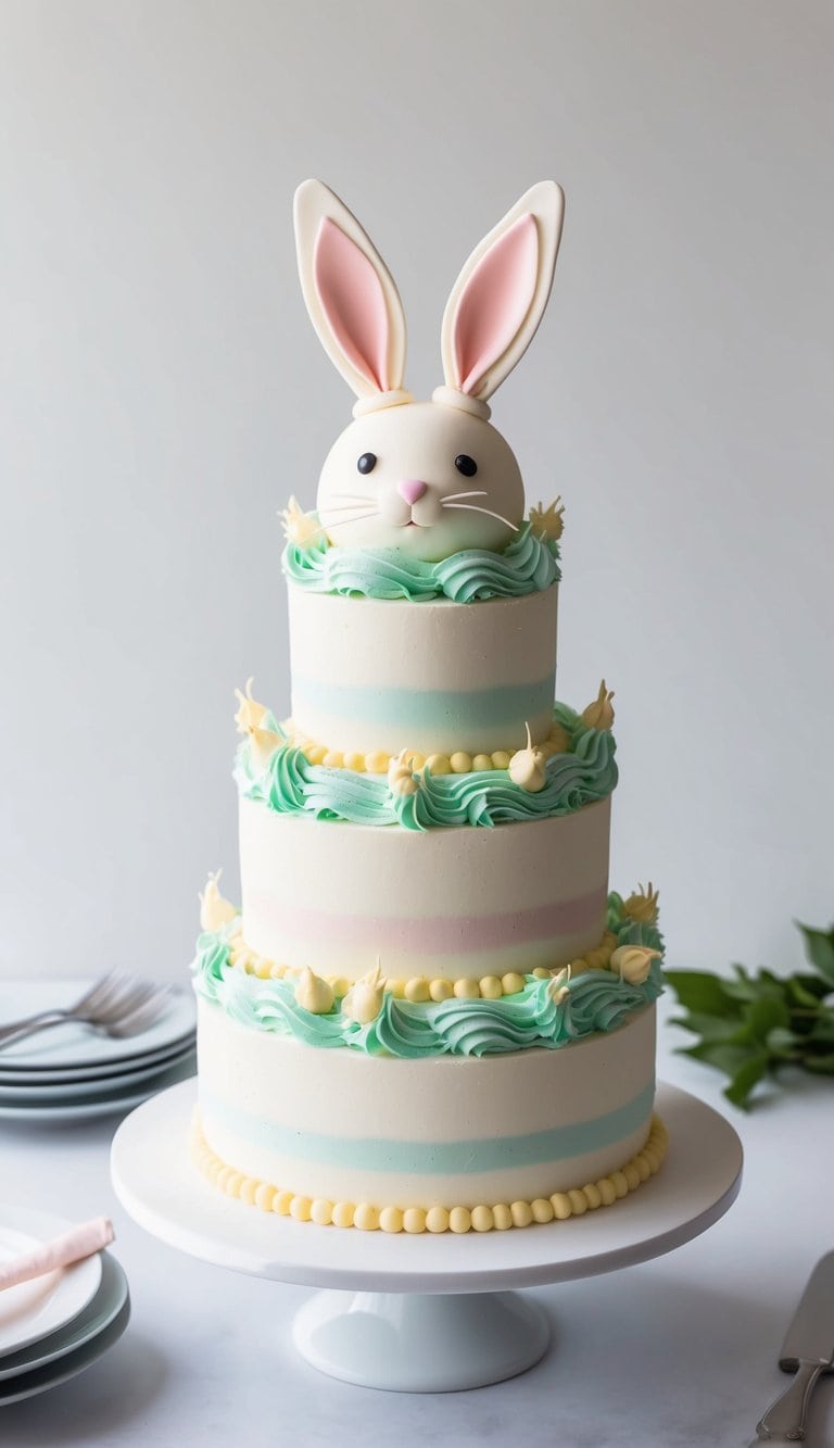 A whimsical rabbit cake with swirling frosting, fluffy tails, and bunny ears