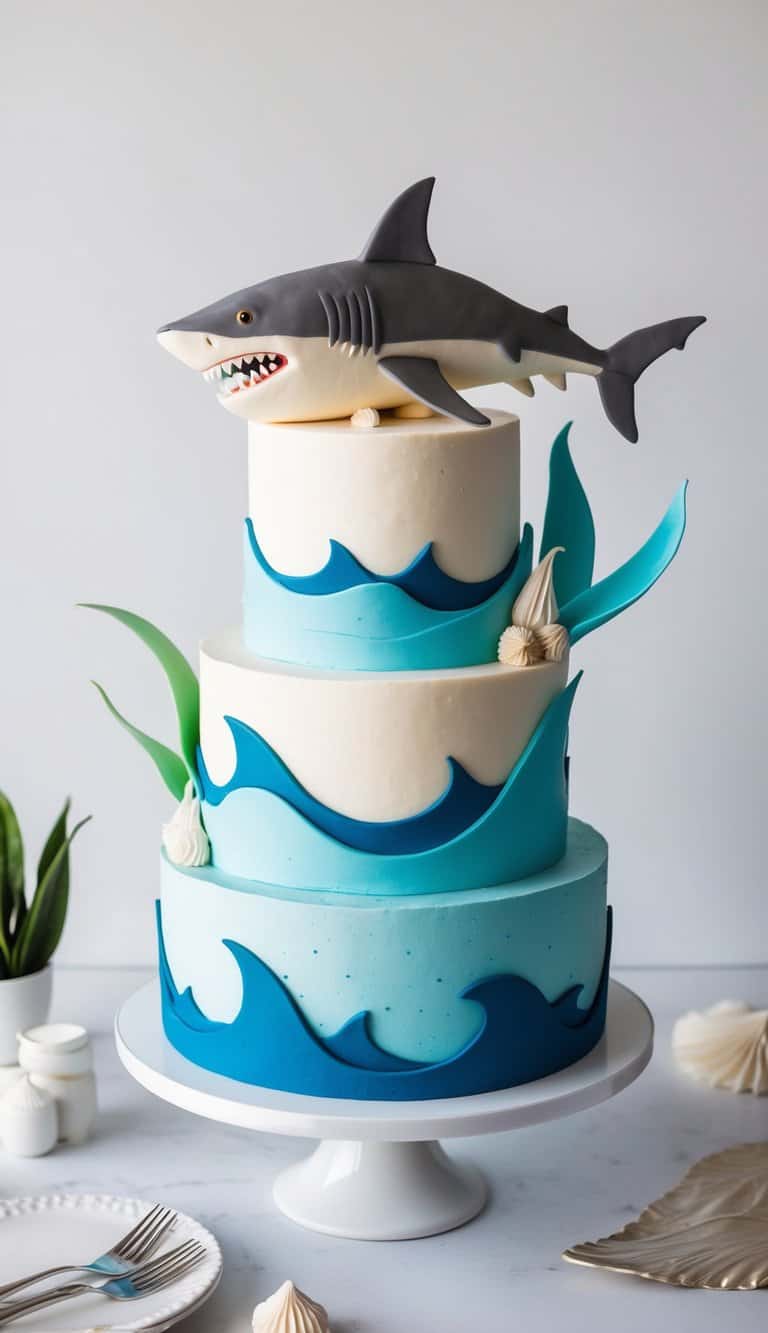 A shark-shaped cake with bite marks, surrounded by ocean waves and fins