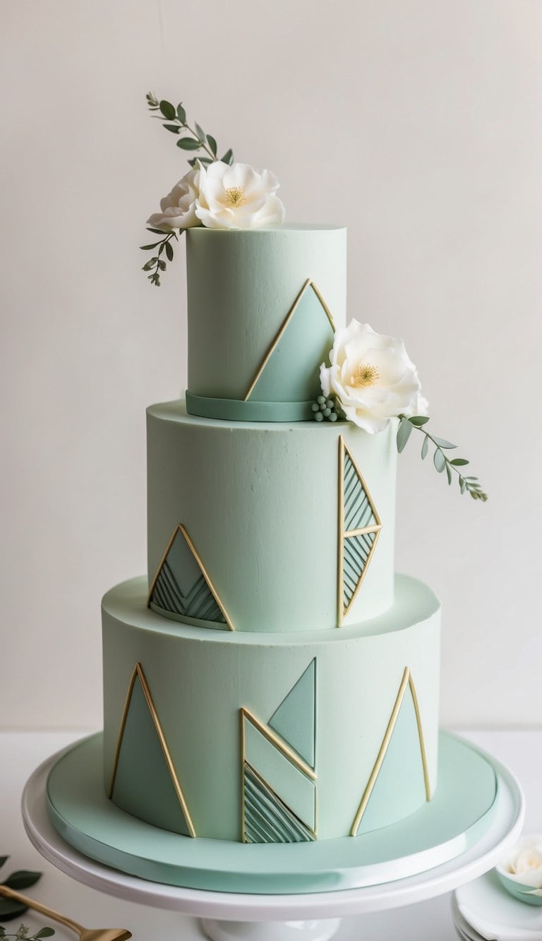 A tiered sage green cake adorned with geometric shapes and modern patterns
