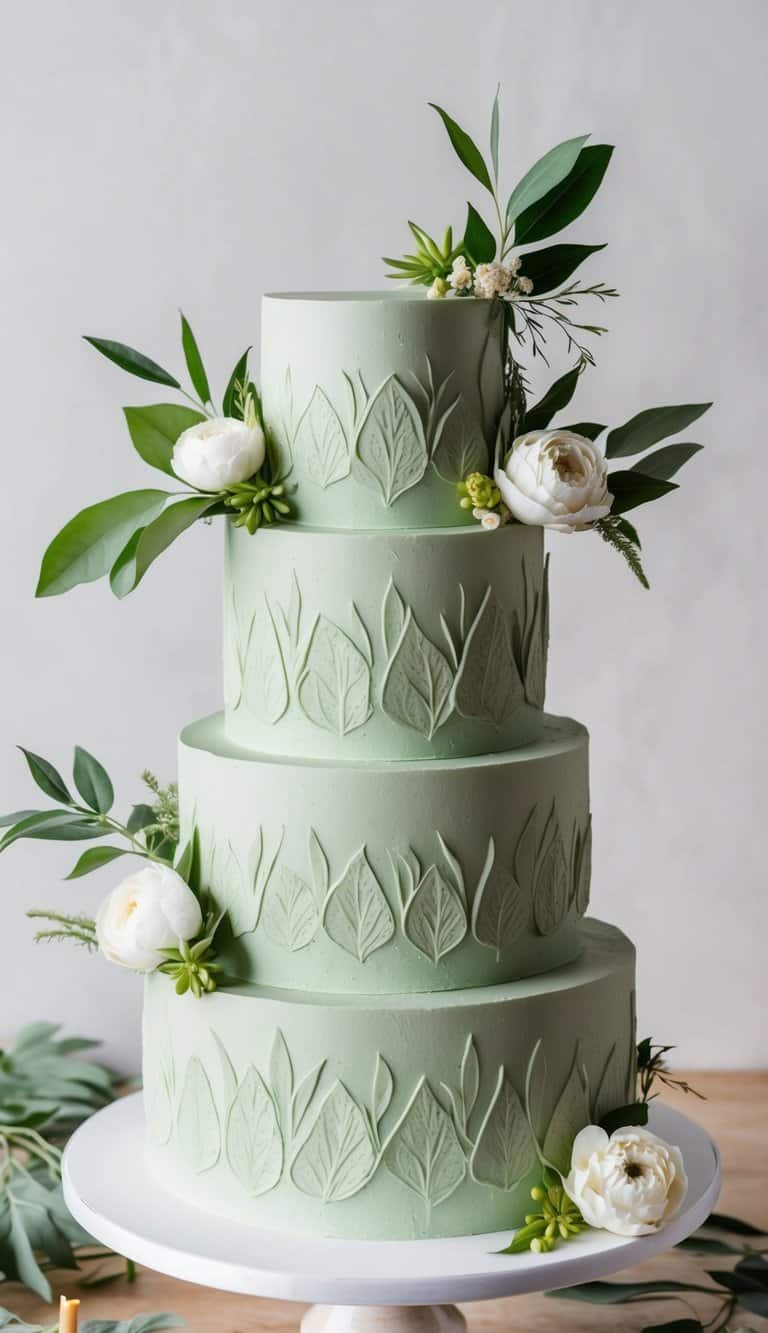 A sage green cake with embossed texture, adorned with natural elements like leaves and flowers