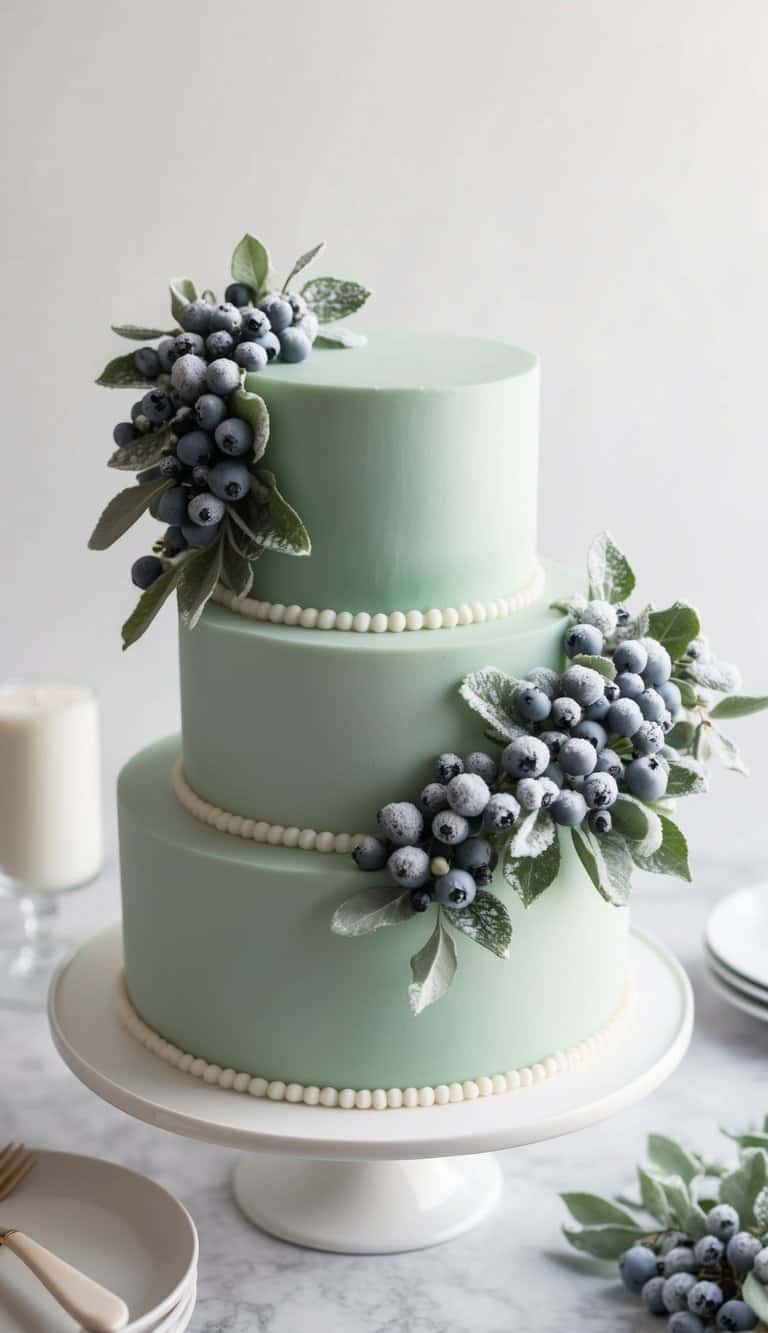 A sage green cake adorned with clusters of snowberries, evoking a serene winter atmosphere