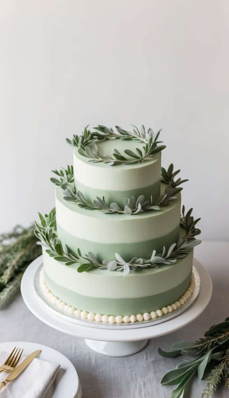 A table adorned with mini sage wreaths atop elegant sage green cakes