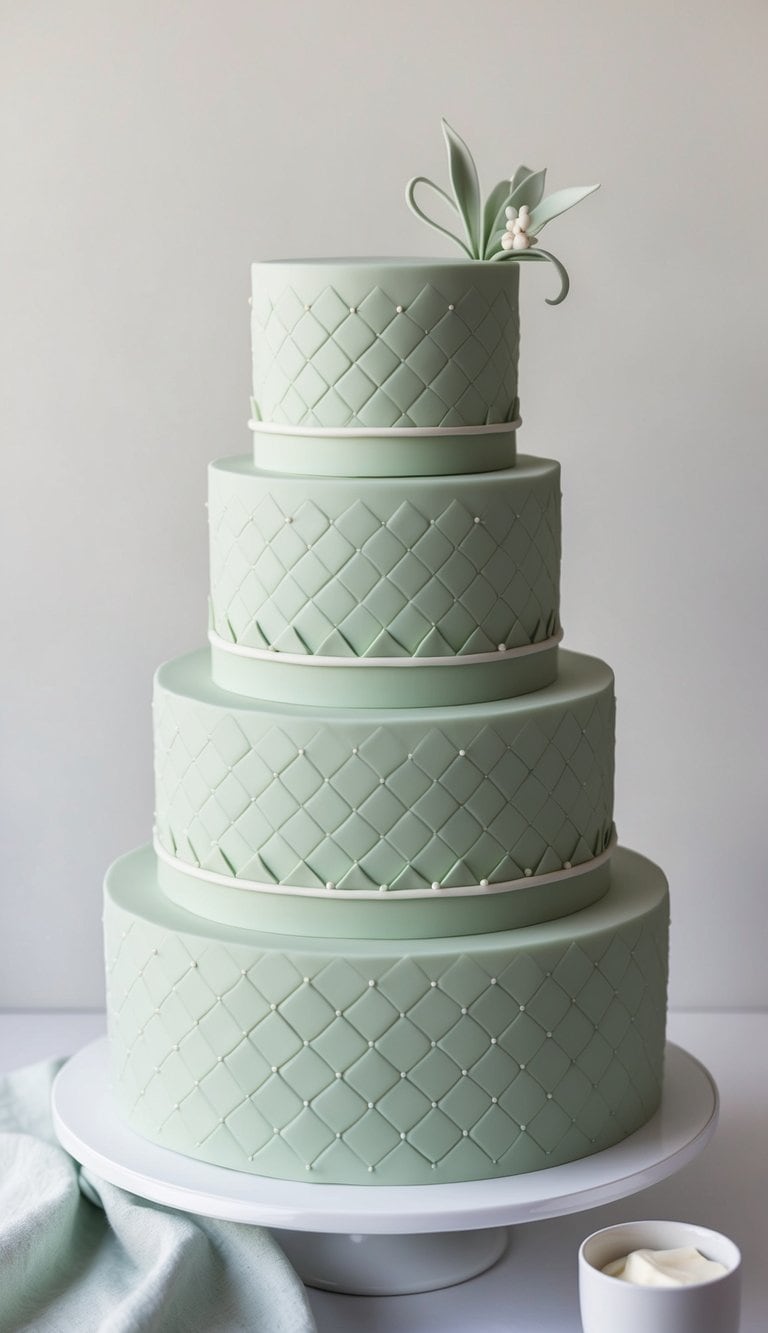 A tiered cake covered in quilted fondant with a subtle and elegant sage green color scheme