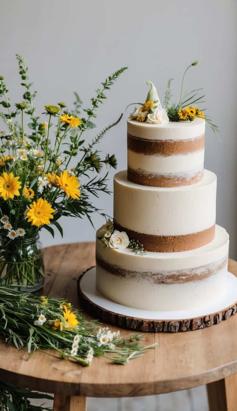 A wooden table adorned with fresh wildflowers next to a rustic cake with earthy and charming design