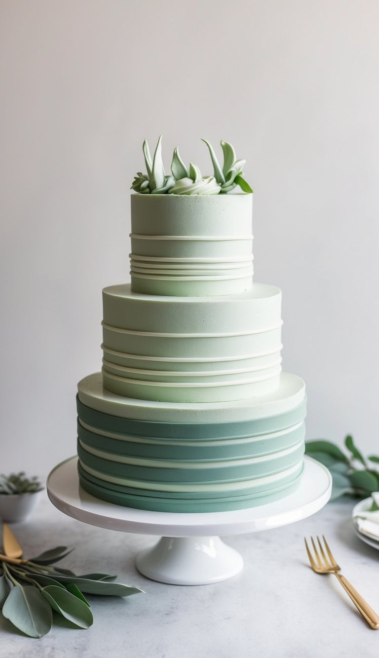 A sage green cake with varying thickness stripes in subtle and elegant design