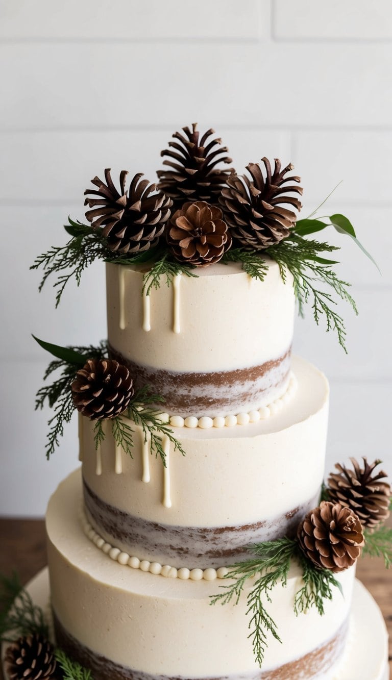 A rustic cake topped with pinecones and greenery
