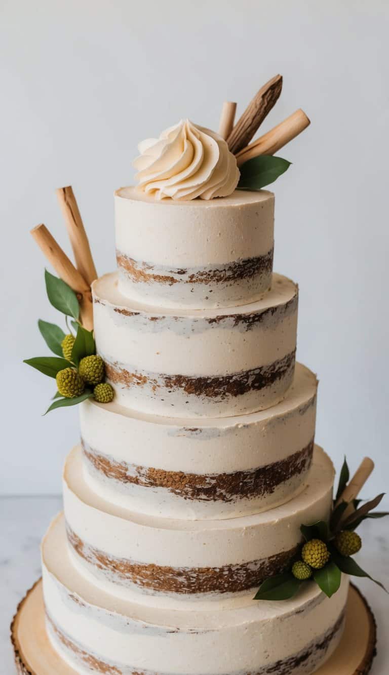 A rustic cake adorned with rough-textured buttercream, topped with earthy and charming wooden accents