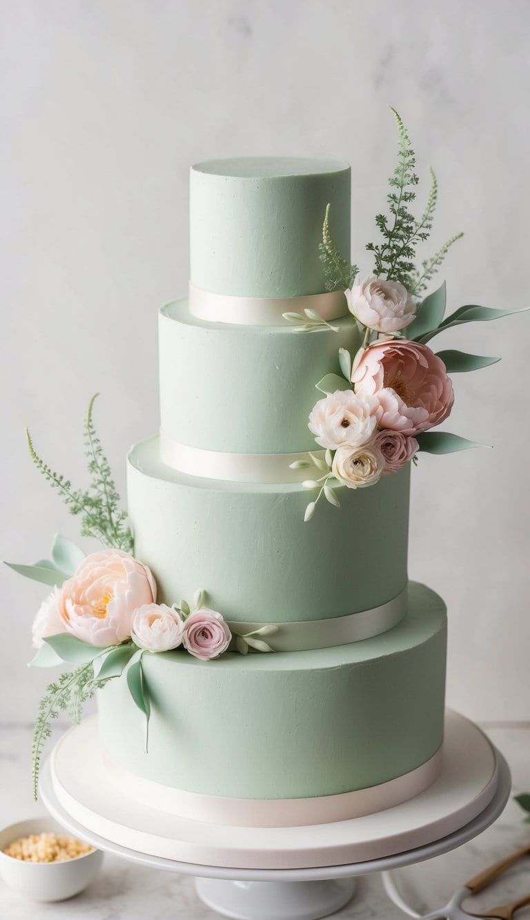 A delicate sage green cake adorned with pastel flowers and leaves