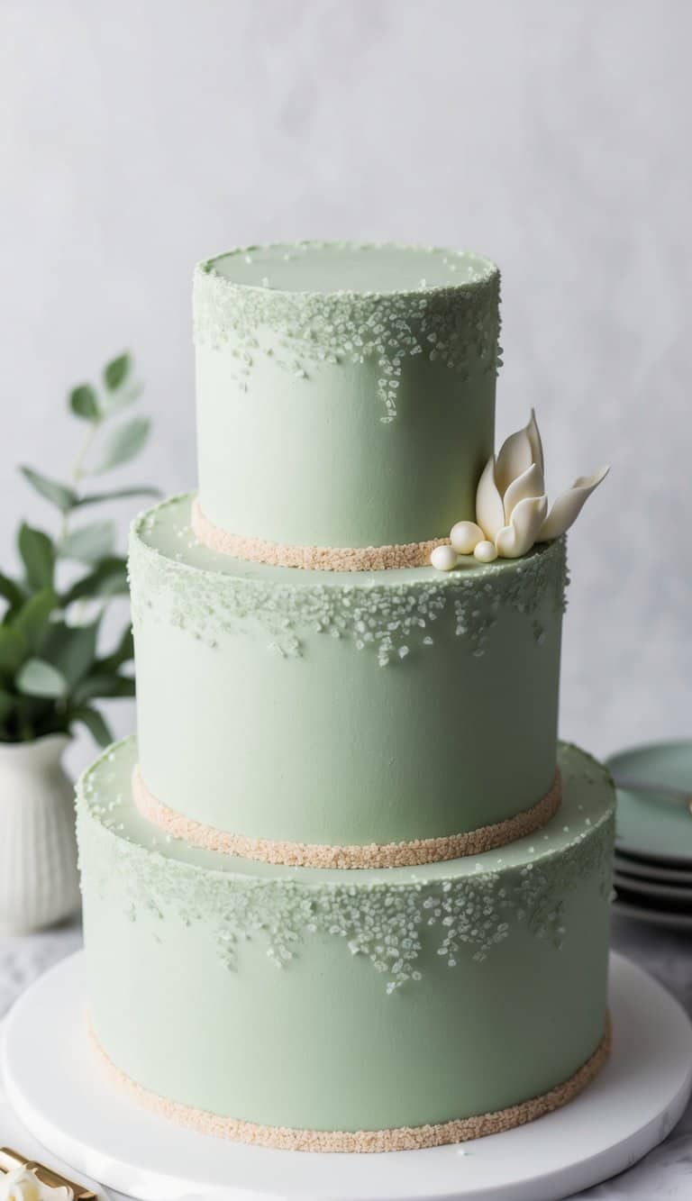 A sage green cake decorated with sugar crystals to create a sandy effect, with subtle and elegant design elements