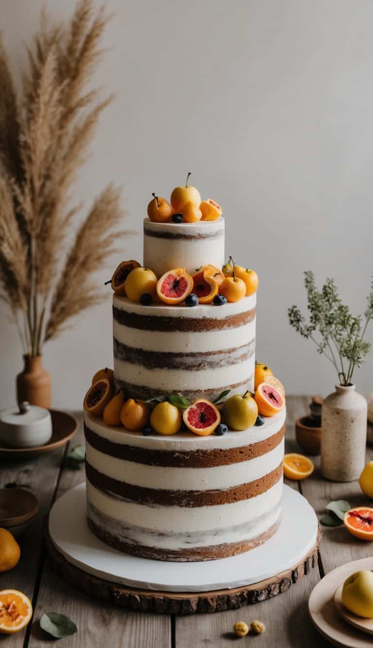 A rustic cake topped with seasonal fruits sits on a wooden table, surrounded by earthy decor and charming details