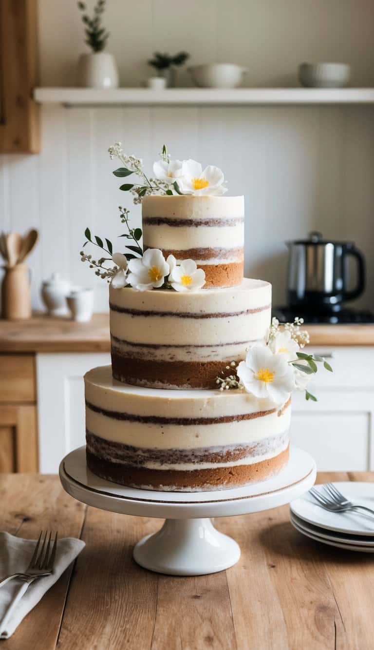 A rustic cake adorned with edible flowers sits on a wooden table in a cozy kitchen