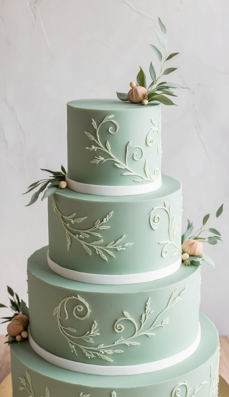 A tiered sage green cake with delicate scrolling patterns and natural elements