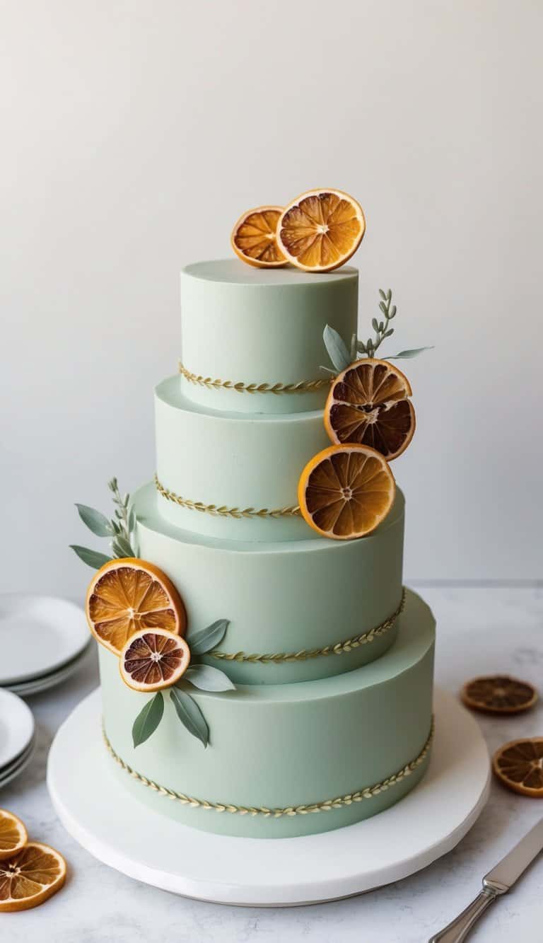 A sage green cake adorned with dried citrus slices in a subtle and elegant display