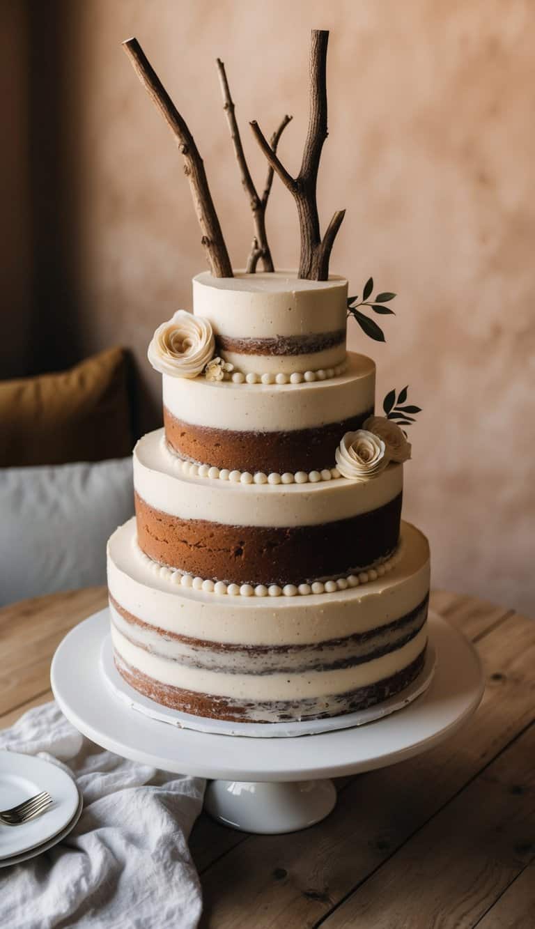 A rustic cake with twig toppers sits on a wooden table in a cozy, earthy setting