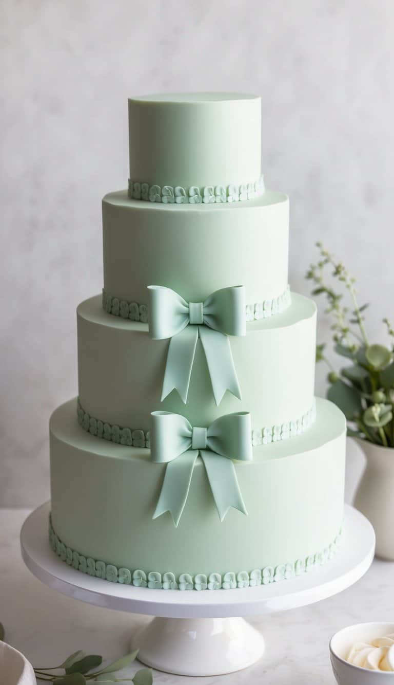 A sage green cake adorned with playful bows, exuding subtle elegance