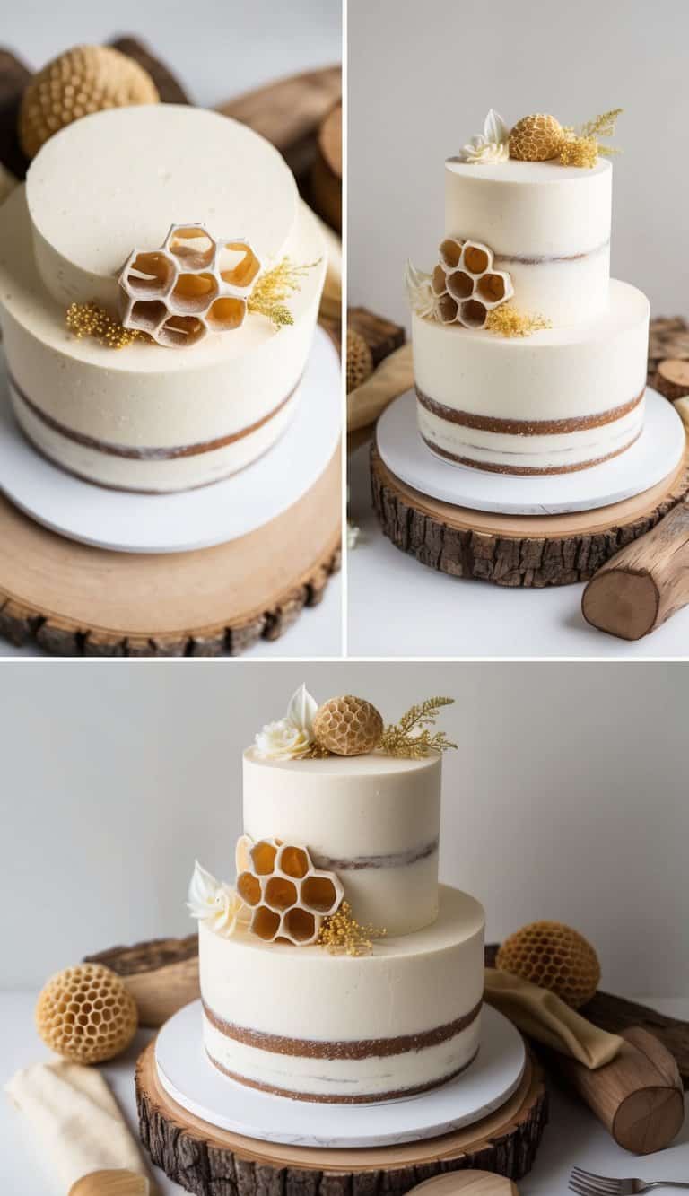 A rustic cake adorned with honeycomb accents, nestled among wooden elements