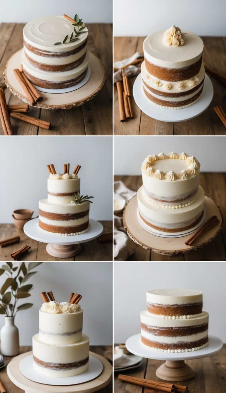 A wooden table adorned with cinnamon sticks, surrounded by earthy and charming rustic cake designs