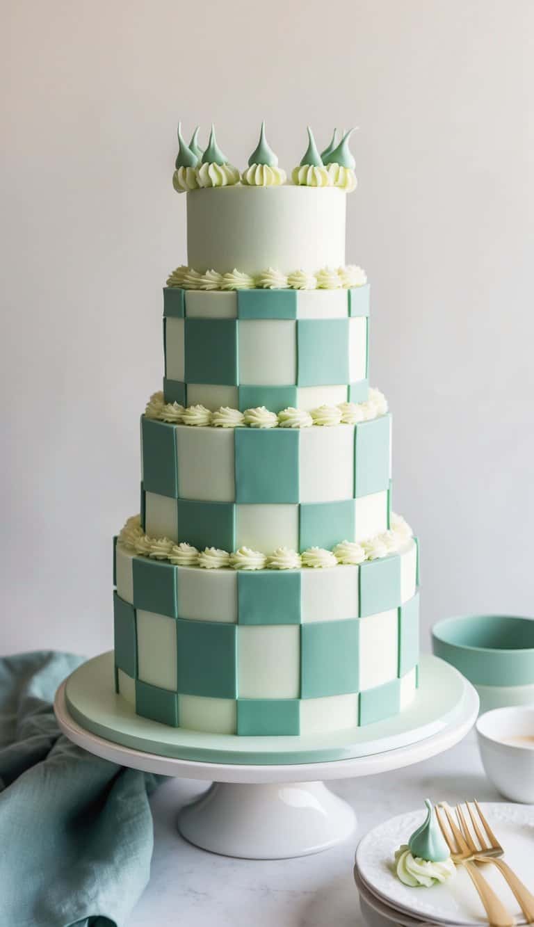 A whimsical checkerboard pattern of sage green cakes on a tiered stand