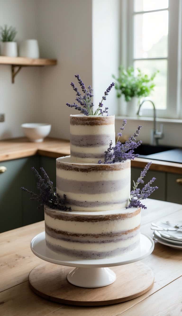 Lavender sprigs adorn a rustic cake on a wooden table in a cozy kitchen