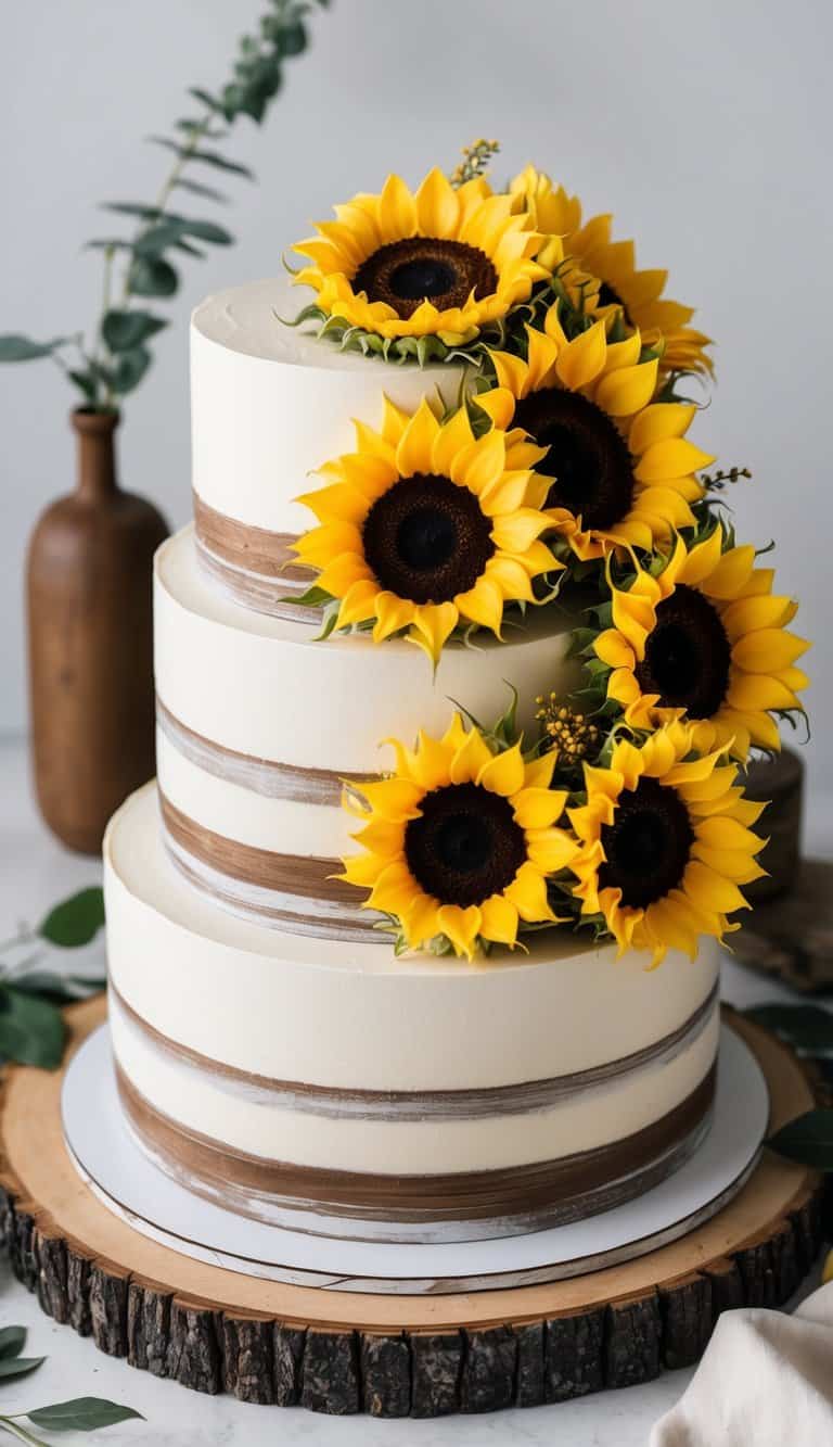 Sunflowers arranged on a rustic cake stand, surrounded by wooden accents and earthy tones