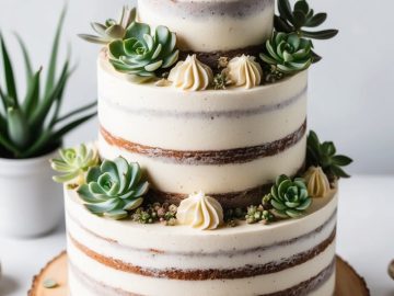 A three-tiered naked cake decorated with succulents and buttercream swirls, set on a wooden slab. Additional succulents are placed around the cake, all on a white surface.