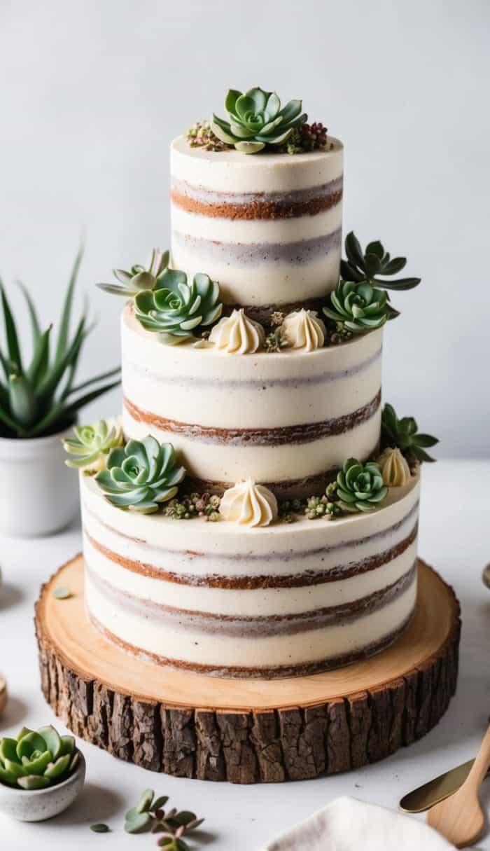 A three-tiered naked cake decorated with succulents and buttercream swirls, set on a wooden slab. Additional succulents are placed around the cake, all on a white surface.