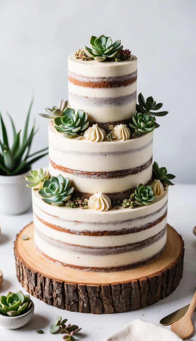 A wooden cake stand topped with small succulents amidst rustic cake decorations