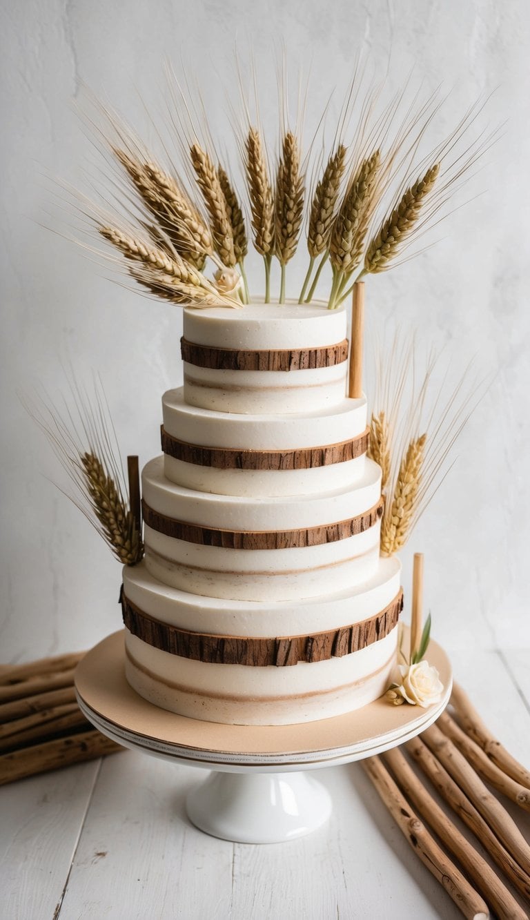 A rustic cake adorned with wheat stalks and wooden accents