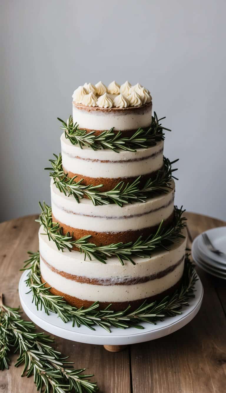 A rustic cake adorned with rosemary wreaths sits on a wooden table