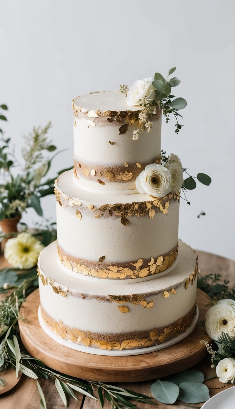 A rustic cake adorned with gold leaf flakes sits on a wooden table surrounded by natural elements like flowers and greenery