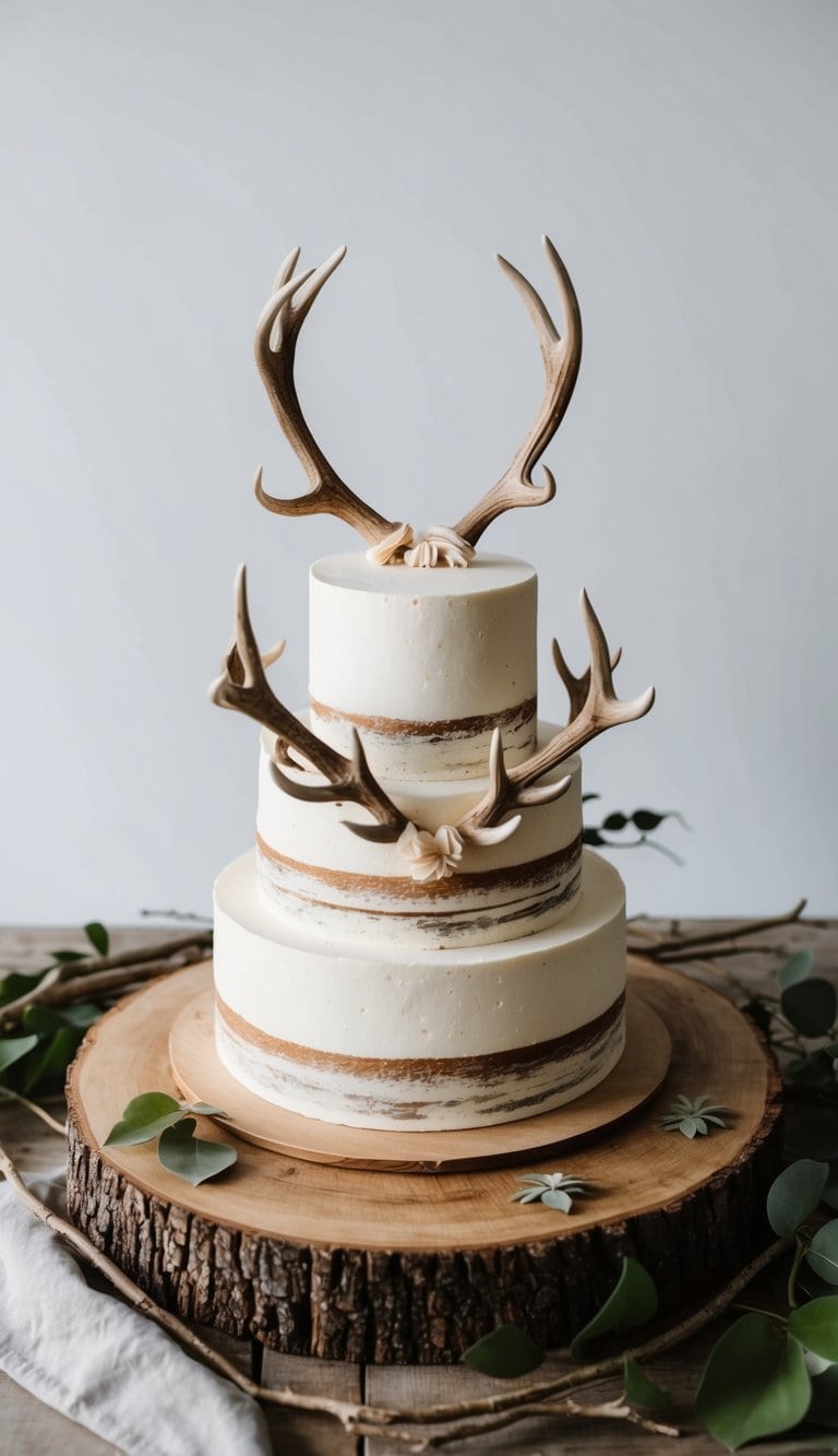 Antler-shaped accents adorn a rustic cake atop a wooden table, surrounded by earthy elements like twigs and leaves