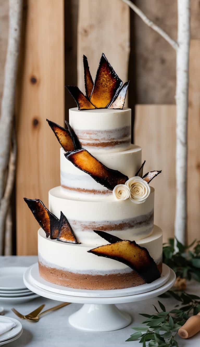 A rustic cake adorned with burnt sugar shards, set against a backdrop of wood and natural elements